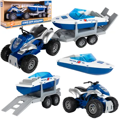 Immagine prodotto di Set di veicoli della polizia MalPlay, quad, motoscafo, rimorchio, luci e suoni, macchinine per bambini, barca della polizia con rimorchio in kit, a partire dai 3 anni di età