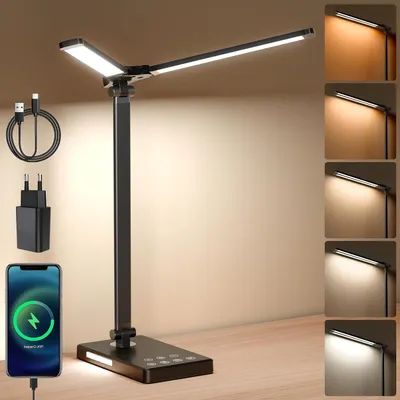 Zdjęcie produktu dla Lampa biurkowa Led – podwójna głowica – do czytania i pracy – ochrona wzroku – 5 poziomów jasności – czarna