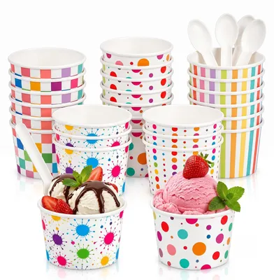 Eisbecher aus Karton mit Löffeln, 50 Stück, bunt, 160 ml