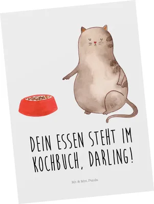 Produktbild von Mr. & Mrs. Panda Postkarte Katze Fressen - Weiß - Geschenk, Postkarten, Ansichtskarten, Grußkarte, Ansichtskarte, bildkarte