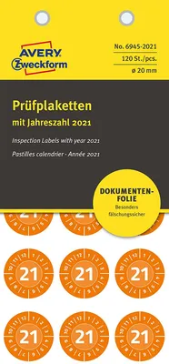 Produktbild von AVERY Zweckform Prüfplaketten 2021 NoPeel orange 20 mm 120 Etiketten