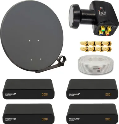 A collection of satellite TV equipment laid out on a white background.