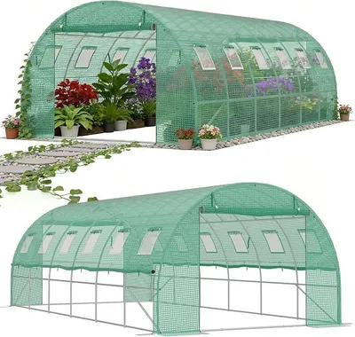 Produktbild von 3x6m Foliengewächshaus Gartengewächshäuser aus verzinktem Stahl PE Gewächshaus mit Aufrollbare Fenster Tomatenhaus Winterfest Folientunnel Pflanzenzelt Folien Treibhaus inkl. Erdanker