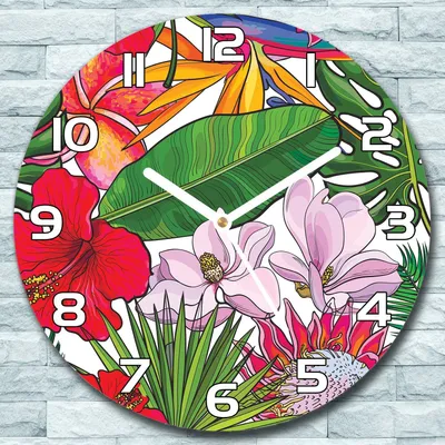 Produktbild von Wanduhr aus Glas Rund fi 30 Exotische Pflanzen Quarz Deko Wohnzimmer Büro