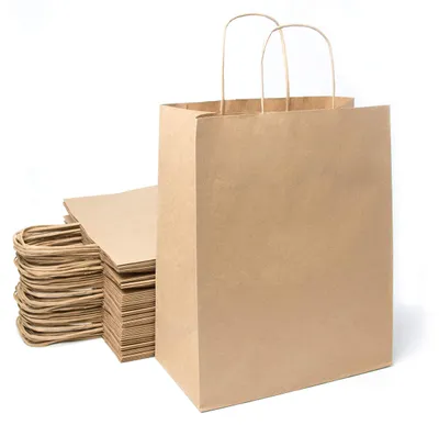 Produktbild von Omgoods - 50 braune Einkaufstaschen aus Kraftpapier mit Tragegriffen (26 x 14 x 32 cm)