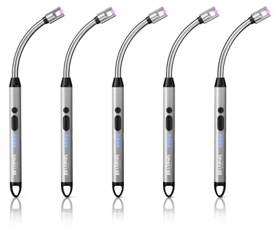 Immagine prodotto di Set di 5 accendini elettrici Brandson, con accensione ad arco elettrico, ricaricabili tramite USB-C, senza fiamma e resistenti al vento, con collo flessibile di 26 cm, colore argento e nero