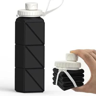 Image de Gourde de sport pliable et réutilisable de 610 ml, en silicone, noire, légère, pour le fitness, le vélo et les sports de plein air.