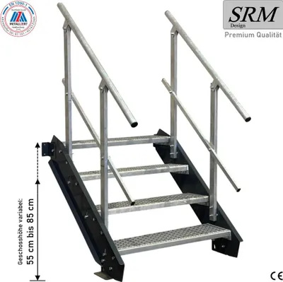 Obrázek produktu pro 4 stupně ocelové schodiště antracit šířka 80 cm výška podlahy 55 - 85 cm 2x zábradlí