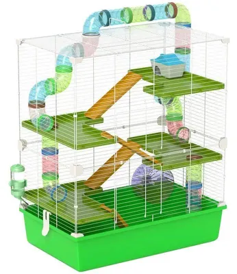Produktbild von Großer Käfig für Hamster und Nager - 5-stöckiger Nagerkäfig - Mit Tunneln, Trinkflasche, Laufrad, Häuschen und Leitern