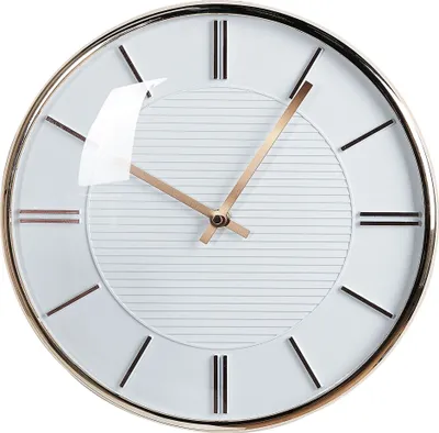 A close-up, studio shot of a round wall clock.