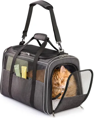 Produktbild von Knupis Katzentransportbox Groß bis 7kg – Soft Pet Carrier 300D Oxford Dunkelgrau – Schultergurt, Sicherheitsleine, Netzfenster – Tierarzt Auto Reisen