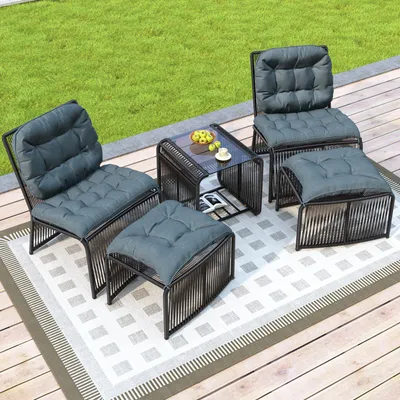 Produktbild von MODFU Outdoor Gartenmöbel Set mit Kissen und Glasplatte Freizeitsofa mit 2 Stühlen inkl PE-Rattan Gartensofa Schwarz
