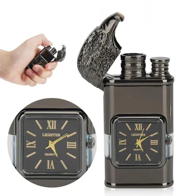 Produktbild von Gasfeuerzeug - Vintage-Uhrdesign - Jetflamme - Doppelflamme - Windfest - Nachfüllbar mit Butan - Metall - Camping