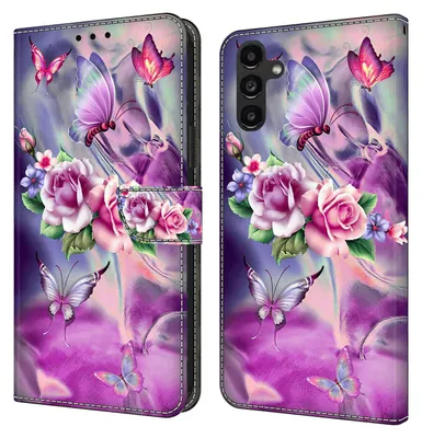 Produktbild von CLM-Tech Handyhülle kompatibel mit Samsung Galaxy A25 5G Hülle - Tasche aus Kunstleder - Klapphülle mit Ständer und Kartenfächern - Schutzhülle Wallet Case Cover lila Blumen Schmetterlinge