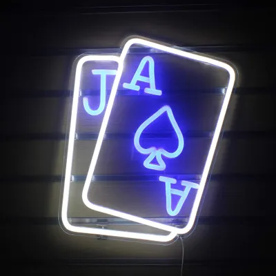 Zdjęcie produktu dla Oświetlenie NEON LED, dekoracyjne oświetlenie ścienne, karty do gry, niebiesko-białe, ok. 40 x 31 x 2 cm