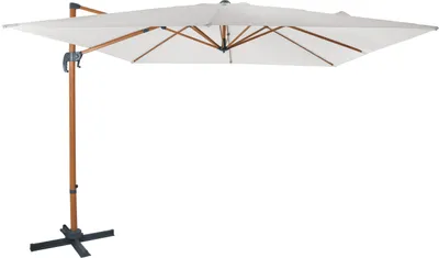 A cantilever umbrella with a wooden-look pole and beige canopy, shown on a white background.