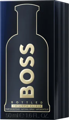 A close-up of a dark blue perfume box with gold lettering.