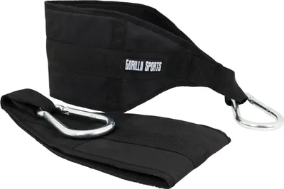 A black weightlifting belt and strap with silver carabiner hooks, presented on a white background.