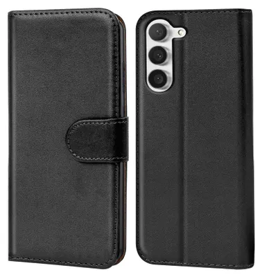 A black flip case for a smartphone is shown from two angles.