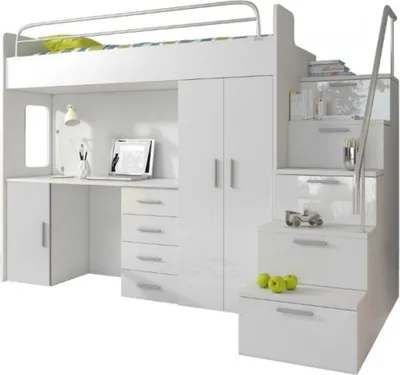Produktbild von Kinderzimmer Doppelstockbett Weiß Tisch Schrank Multifunktion Etagen Hochbett