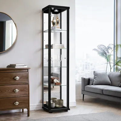 Produktbild von K-Möbel Glasvitrine stehend in Schwarz (176x37x33cm) mit 4 höhenverstellbaren Glasböden, Spiegel, Schloss & LED - Standvitrine - Vitrinenschrank