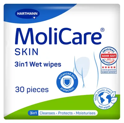 Productafbeelding van Molicare Skin 3-in-1 Vochtinbrengende Wasdoekjes, 30 stuks