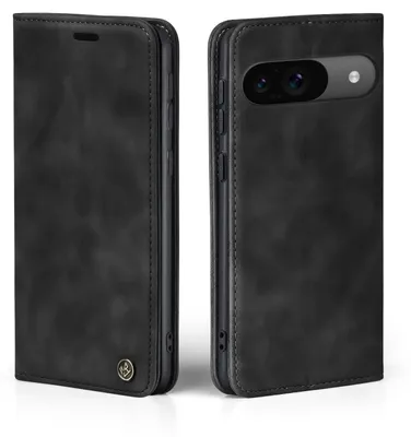 A black flip case for a smartphone is shown from two angles against a white background.