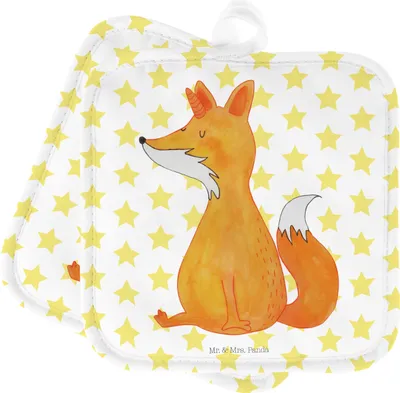 Produktbild von Mr. & Mrs. Panda Topflappen Einhorn Fuchs - Weiß - Geschenk, Fuchshörnchen, topfhalter, Füchse, Unicorns, Topfuntersetzer, Kochlappen, Unicorn, Doppel, Set, Einhörner