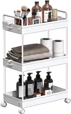 Produktbild von Drei-Schicht-Organizer für Gänge, u.s.w. - Ausklappbarer, schmaler, rollbarer Einkaufswagen aus Kunststoff, weiß