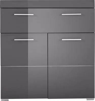 A front view of a gray cabinet with four doors and silver handles.