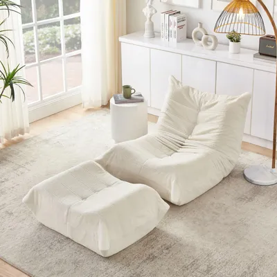 Produktbild von Lazy Sofa mit Rückenlehne und Fußhocker, Relaxsessel, Weicher Teddyfell-Bohnensack-Bodenlesesessel, Bequemer Einzel-Bodensofa für Wohnzimmer, Beige
