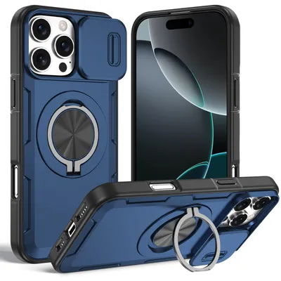 Produktbild von Magnetische Hülle für iPhone 16 Pro Max, Militär Stoßfest Handyhülle mit Kameraschutz und Ringhalter Ständer Blau