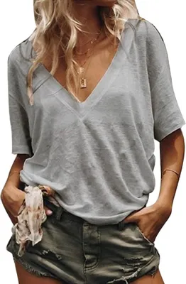 Produktbild von Sommer Frauen Plus Size Solid Color V-Ausschnitt Kurzarm T-Shirt Loose Basic Top Grau L.
