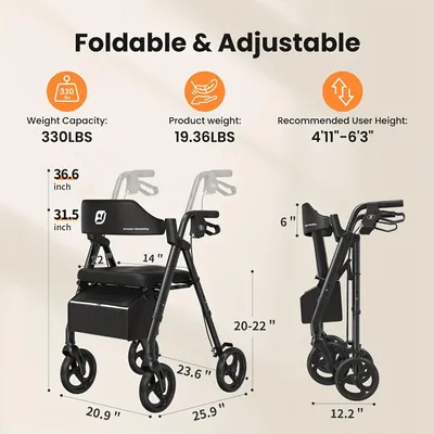 Produktbild von Rollator – Gehhilfe – Laufradgestützte Gehhilfe – Mobile Hilfsmittel – Gehhilfe – Klappbar – Aluminiumrahmen