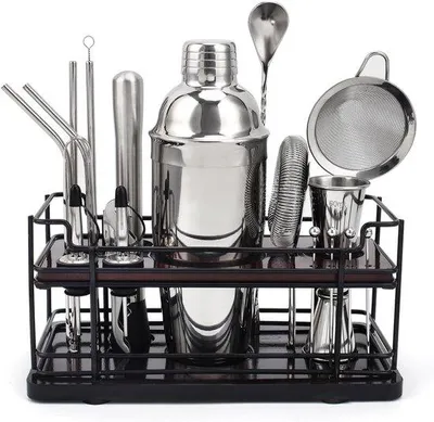 Produktbild von Cocktail-Set, 20-teilig – Cocktail-Shaker, 750 ml – Bartender-Set mit Messbecher, Sieb, Stößel, Barsieb, Eiszange, Ausgießbecher, Strohhalme und Bambus-Halter – Edelstahl – Cocktail-Zubehör