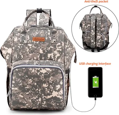 Produktbild von Wasserdichtes Stilvolles Multifunktions-Reisegepäck mit großer Kapazität, Mutterschafts-Babywindel-Wickeltaschen mit USB-Ladeanschluss -Tarnung