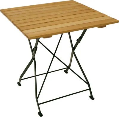 A square wooden table with a black metal folding frame, shown against a white background.
