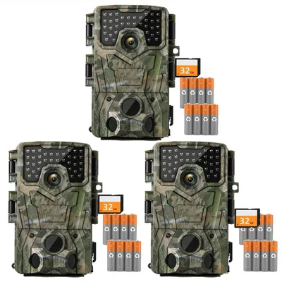 Produktbild von 3 Stück 4K 48MP Wildkamera wasserdichte Nachtsichtkamera Jagdkamera mit Bewegungsmelder Tierüberwachungskamera inkl. 32GB Speicherkarte Wildtierkamera