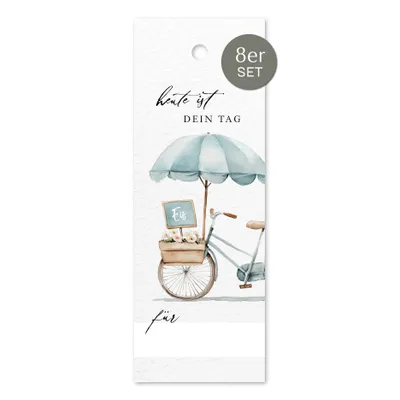 Produktbild von Geschenkanhänger "heute ist Dein Tag" mit Aquarellmotiv Eisfahrrad & Namenszeile | Anhänger ideal für Geburtstagsgeschenk Mitbringsel Jubiläum Erfolg