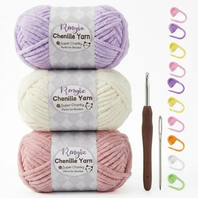 Productafbeelding van Dikke chenille wol, haakset van 300 gram, met 3 kleuren en een haaknaald van 6 mm. Pluizige garen voor amigurumi en babydekens