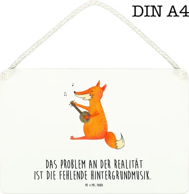 Produktbild von Mr. & Mrs. Panda Schild Fuchs Gitarre DIN A4 - Weiß - Geschenk, Wandbild Holz, Singen, Sänger, Musik, holzbild, Türschild, Holzschild, Optimistisch, kleine aufmerksamkeit