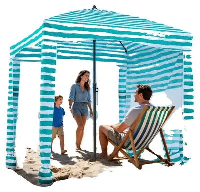 Produktbild von VEVOR Strandcabanas, 2,4 x 2,4 m Strandüberdachung mit Seitenwand, UPF 50+ Schutz, einfach aufzubauendes Cabanazelt mit Sandtaschen, höhenverstellbarer tragbarer Schatten-Sonnenschutzschirm für die Familie, marineblau gestreift, 183x183 cm, Dunkelgrün Weiß gestreift
