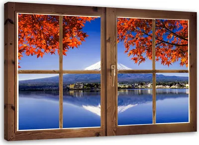 Produktbild von Leinwandbild fenster - blick auf den fuji 100x70 cm Feeby blau wandbild bereit zum aufhängen