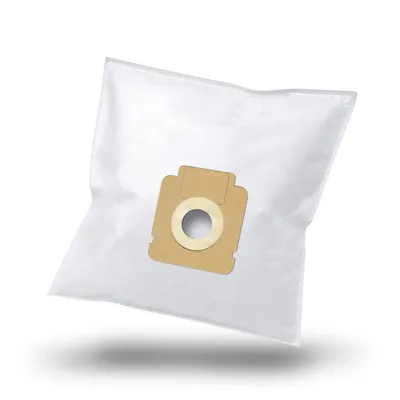 A white vacuum cleaner bag with a tan cardboard fitting is shown from a slight angle, casting a subtle shadow below.
