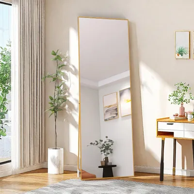 Immagine prodotto di Specchio a figura intera, 162x53 cm, specchio da appoggio o da parete con cornice in alluminio dorato, a forma rettangolare, ideale per ingresso, camera da letto, soggiorno, bagno o ufficio