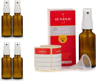 Produktbild von 5 Braunglasflaschen 30 ml, G18, Fingerzerstäuber PP, Mini-Trichter
