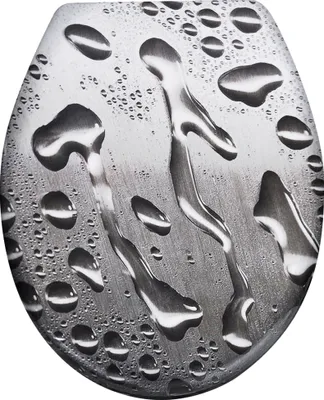 A close-up view of a toilet seat with water droplets on its surface.