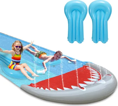 Produktbild von Faziango Doppel-Wasserrutsche 550x145cm mit 2 Bodyboards, Sprinkler & Aufblas-Puffer, Faltbar für Garten & Rasen