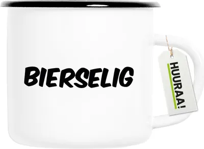 Produktbild von Huuraa Emaille Tasse Bierselig Schriftzug 300ml Vintage Campingbecher Geschenkidee