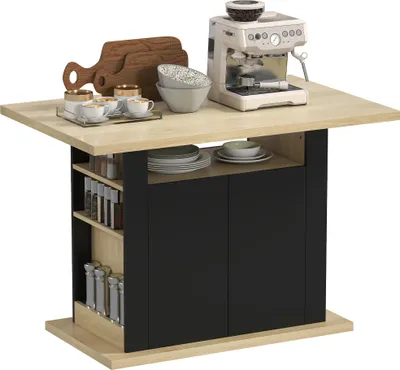 Image de HOMCOM Table à manger ilot central cuisine meuble de rangement table avec grand plan de travail 4-6 personnes - placard 4 portes et étagères - en bois - dim. 110L x 70l x 75,5H cm noir et naturel